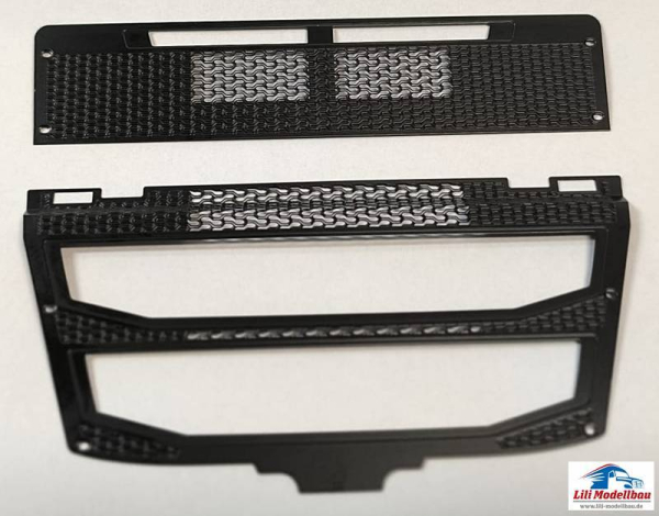 Preview: Kühlergrill Tamiya Volvo FH16, Metall schwarz matt, Blitzer o/o